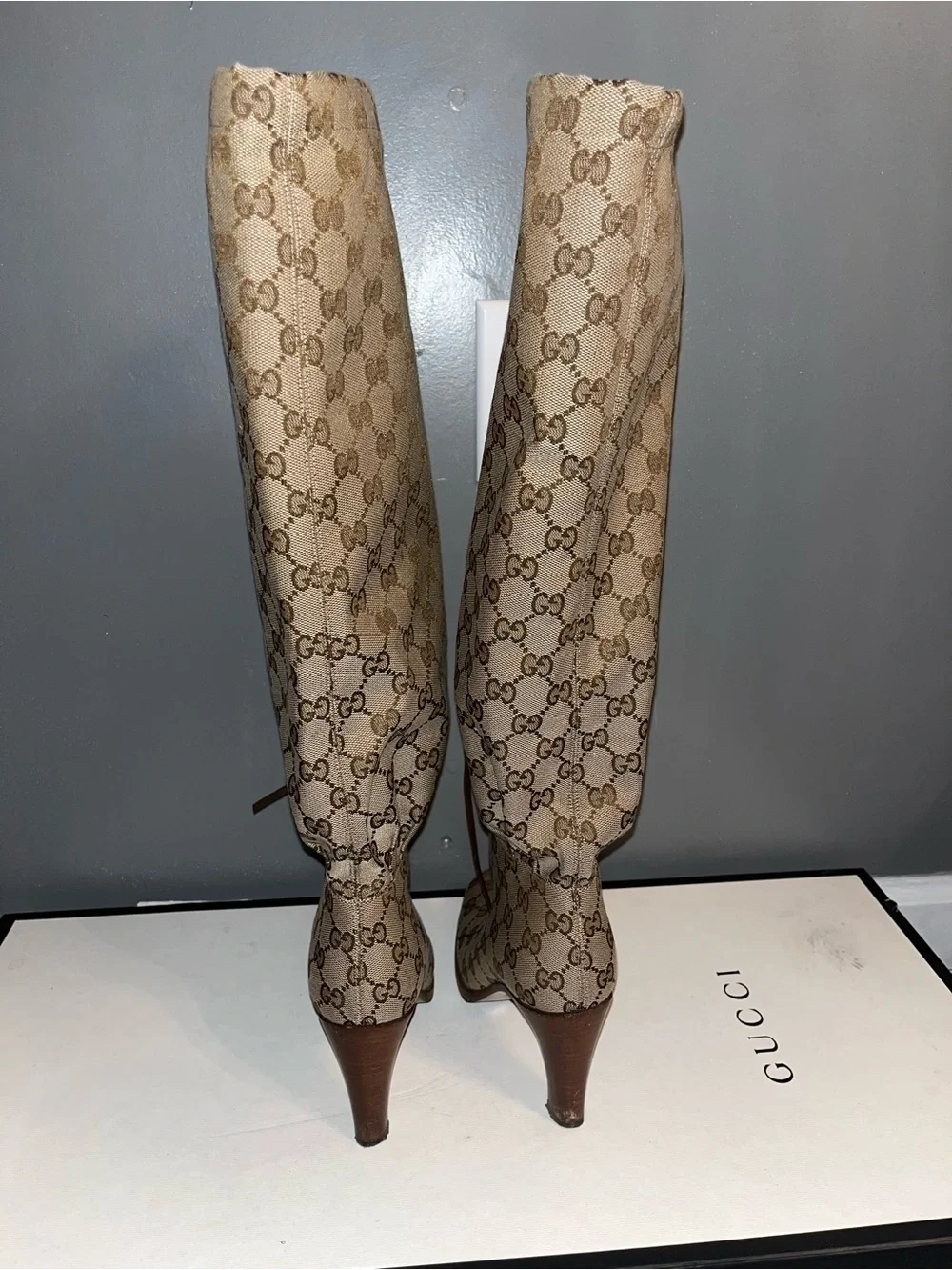 Gucci Original GG Canvas Over-the-Knee Boots Brown Trim Tie Detail